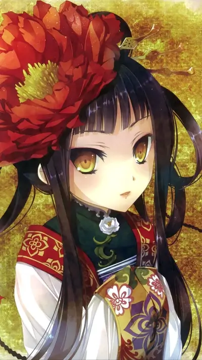 Anime girl with striking golden eyes and a red flower adorns her hair