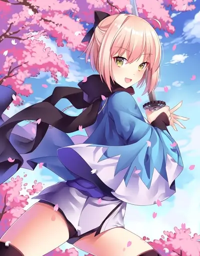 Anime girl with sword, cherry blossoms, blue sky, dynamic pose, confident expression