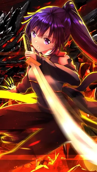 Anime girl with sword, posing heroically amidst fire and dark, rocky landscape