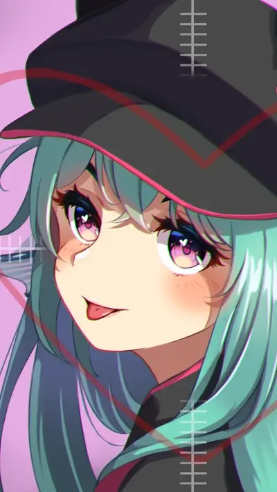 Anime girl with teal hair and black hat