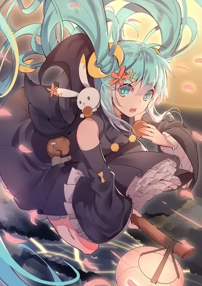 Anime girl with teal hair flying, holding a lantern