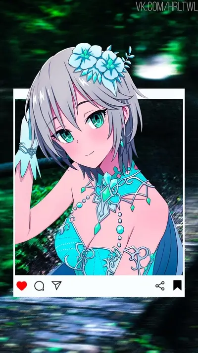 Anime girl with turquoise dress and flower crown, appearing inside Instagram frame