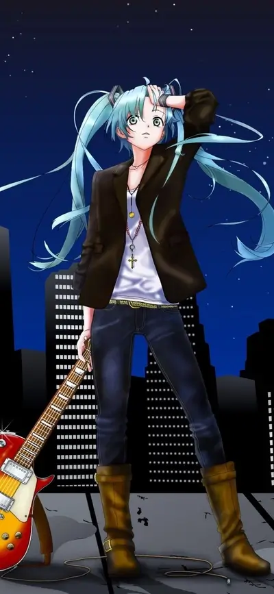 Anime girl with twintails holding a guitar stands in front of city buildings.