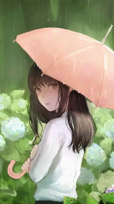 Anime girl with umbrella, dark hair, and hazel eyes in the rain