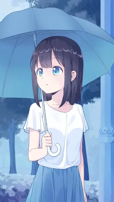 Anime girl with umbrella in rain