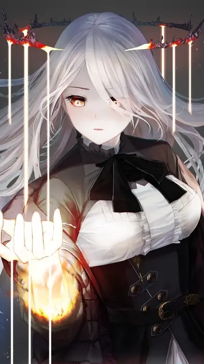 Anime girl with white hair and a dark dress, magical powers