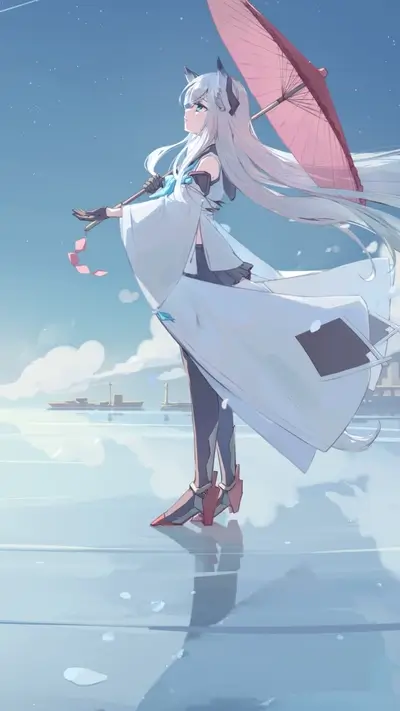 Anime girl with white hair and cat ears standing on water