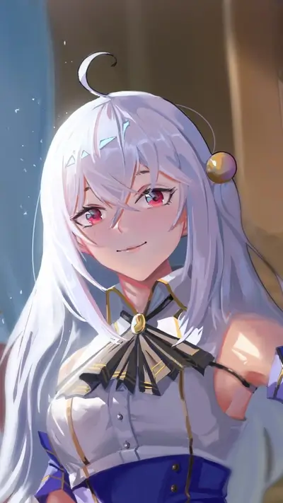 Anime girl with white hair, red eyes, smiling sweetly, wearing a white and blue outfit