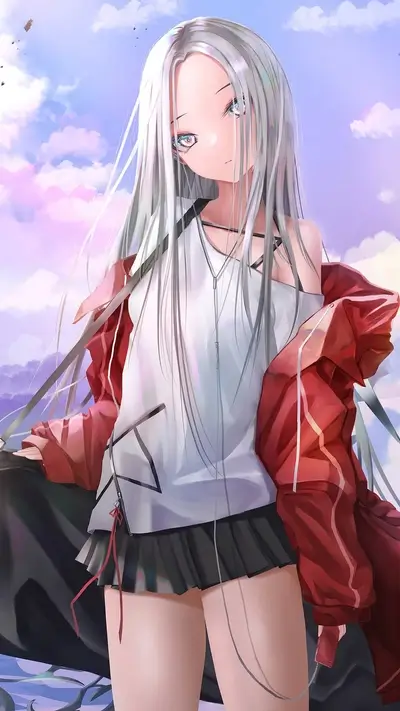 Anime girl with white hair, wearing casual clothes and red jacket