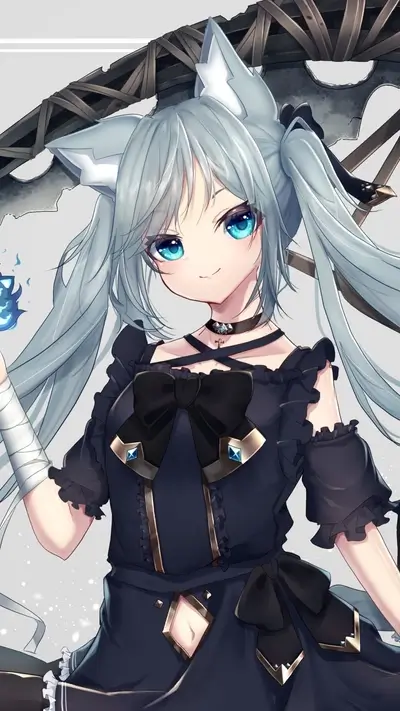 Anime girl with wolf ears and blue eyes, wearing a black dress.