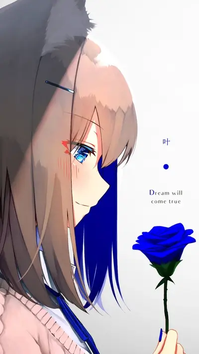 Anime girl with wolf ears holding blue rose
