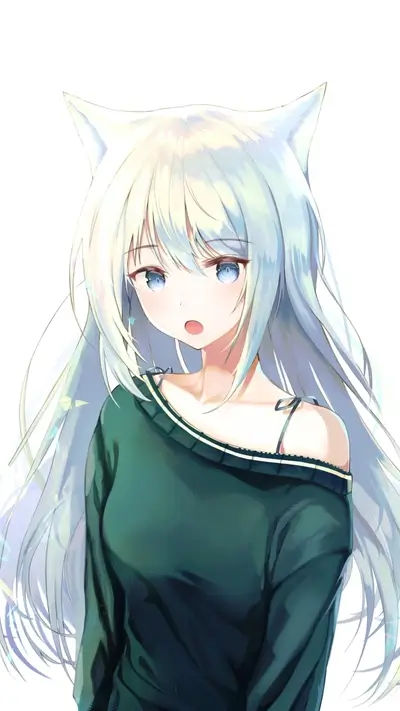 Anime girl with wolf ears, long white hair, blue eyes, wearing a dark green shirt
