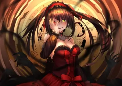 Anime girl with yellow eyes, red dress, and dark hair