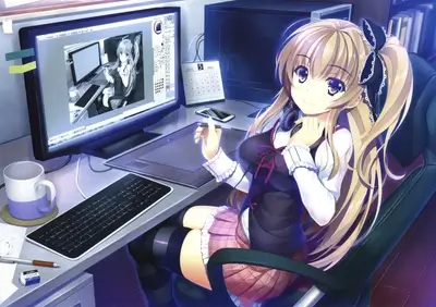 Anime girl working on a computer