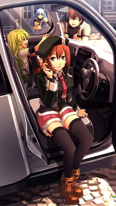 Anime girls and guy in a car, one offering a snack, another holding a cat