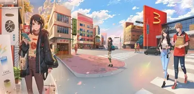Anime girls walking in a city street