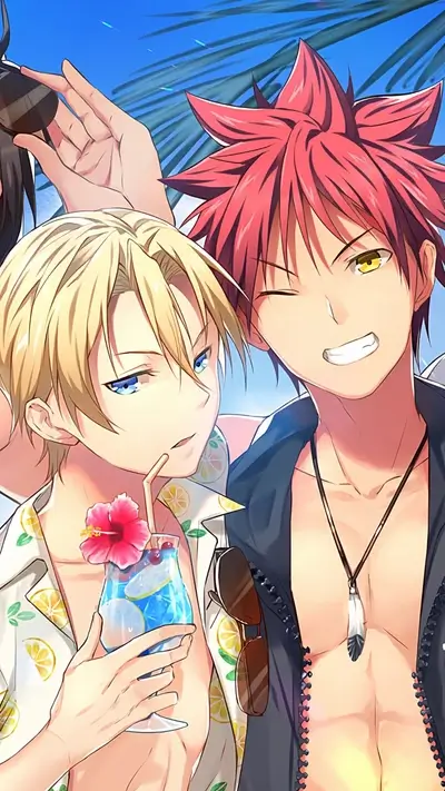 Anime men enjoying summer vibes with drink, tropical, and sunny