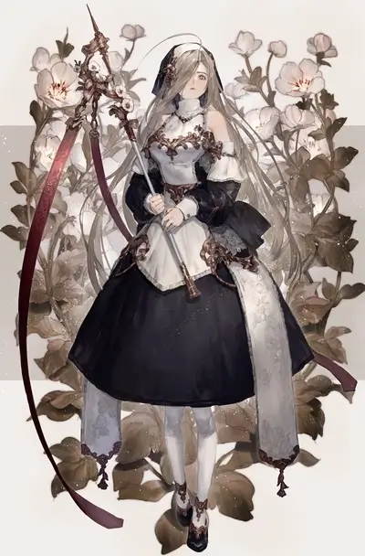 Anime nun with staff, flowers, and black, white, gold outfit