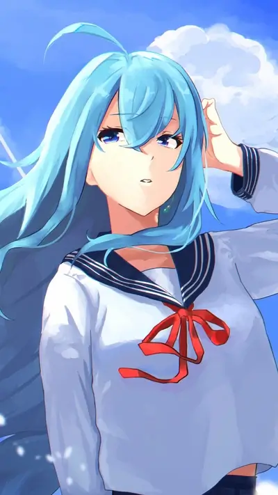 Anime schoolgirl gazing, light blue hair, white uniform, red ribbon, bright summer sky