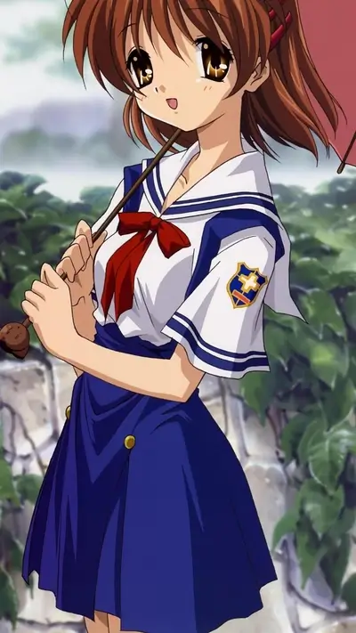 Anime schoolgirl holding red umbrella, wearing blue and white uniform