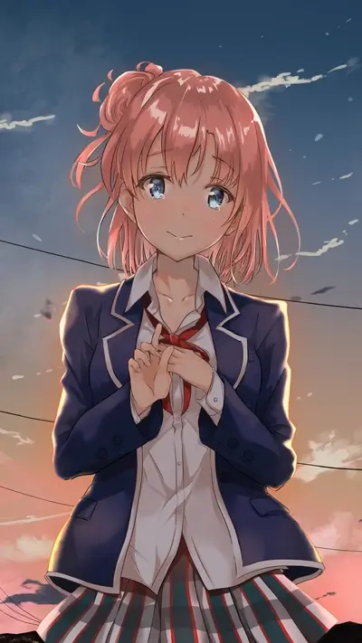 Anime schoolgirl smiling against a colorful sky, wearing jacket and plaid skirt