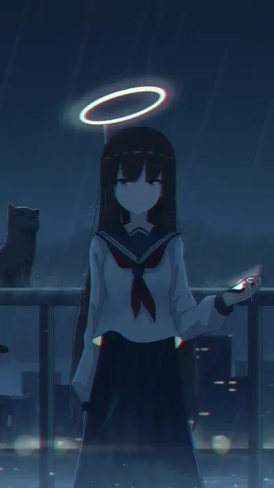 Anime schoolgirl stands against rainy cityscape with glowing halo and her cat