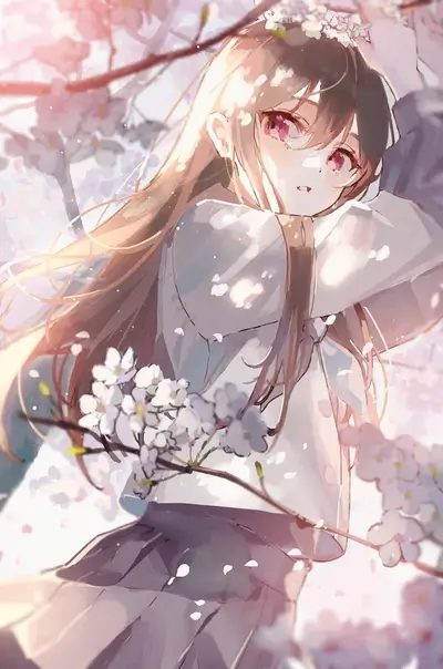 Anime schoolgirl surrounded by cherry blossoms, tears in her eyes