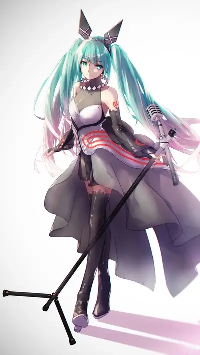 Anime singer illustration in gray dress, holding a microphone