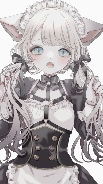 Anime-style cat-girl with pale skin, big blue eyes, and a black and white dress