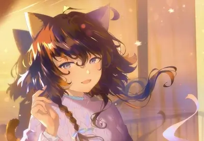 Anime-style catgirl looking slightly to the left, bathed in warm light