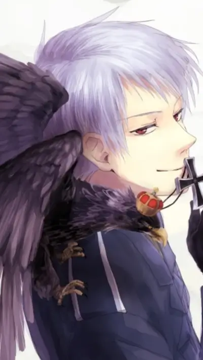 Anime-style character with silver hair, red eyes, cross necklace, and an eagle perched on shoulder.