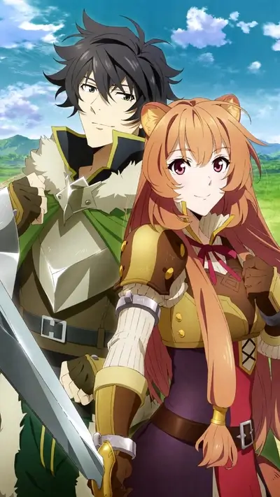 Anime-style characters posing, one male with sword, one female with animal ears.