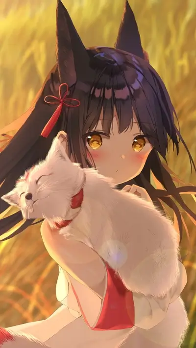 Anime-style girl hugging white fox, field backdrop, warm glow