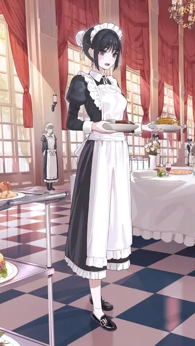 Anime style maids in a restaurant carry dishes.