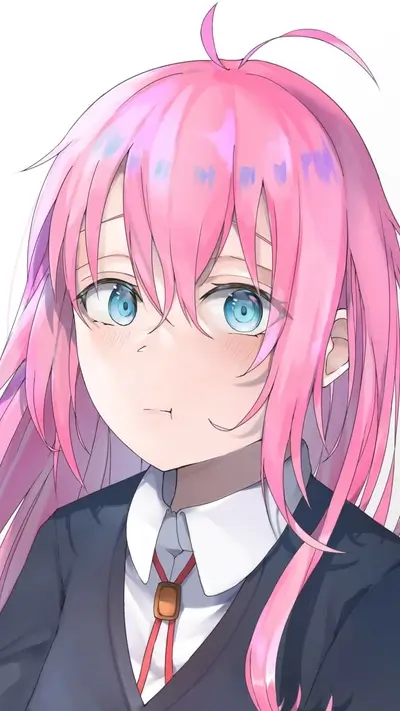 Anime-style portrait of a cute pink-haired girl with light blue eyes