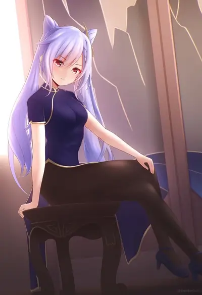 Anime-style rendering, girl with cat-like ears sits elegantly
