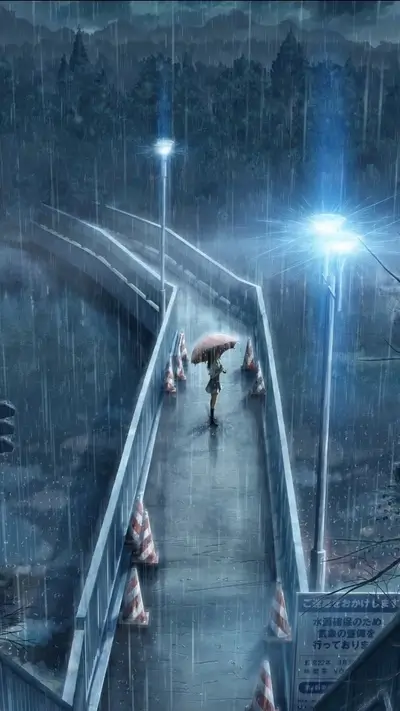 Anime style scene with a person under umbrella standing on a bridge in heavy rain