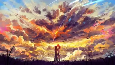 Anime-style sunset embrace with light streaks