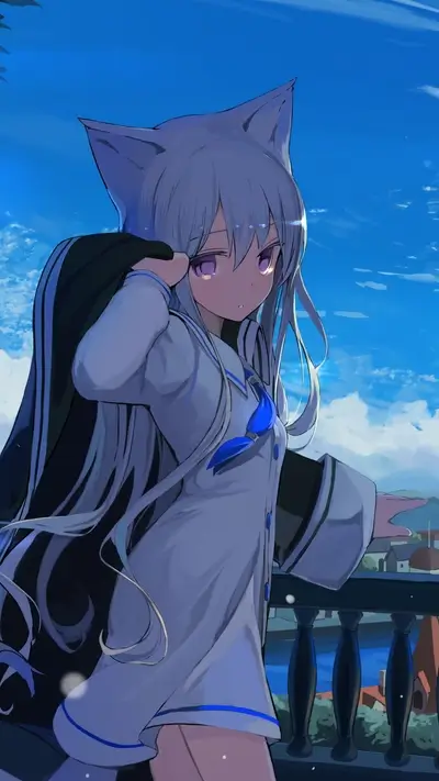 Anime-style wolf girl stands on a balcony, looking into the distance