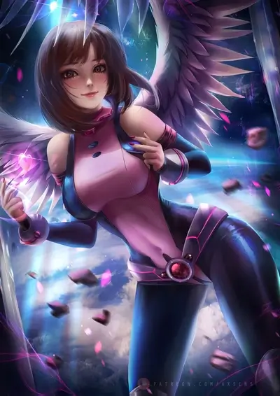 Anime-style woman with wings, holding a heart-shaped object in a fantasy space environment