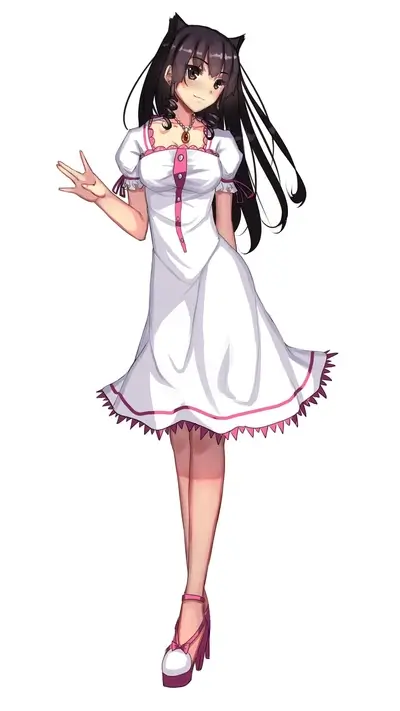 Anime-styled character in a white dress with pink accents smiling with hand up