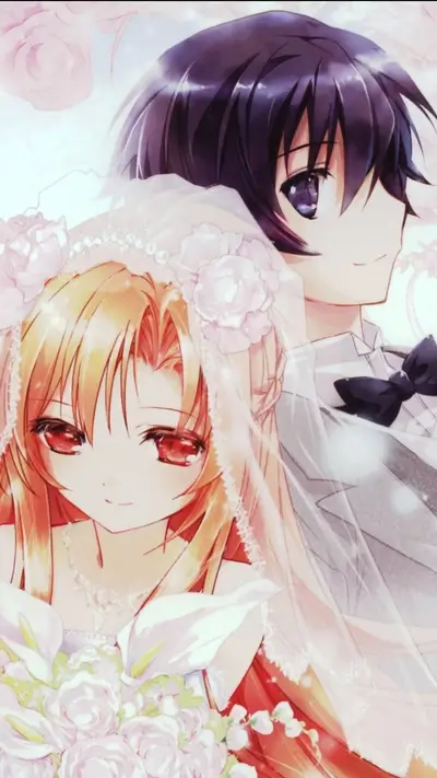 Anime wedding couple, flower bouquet