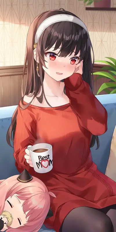 Anime woman sitting with daughter, enjoying coffee from Best Mom mug