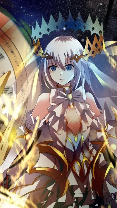 Anime woman with long white hair and blue eyes, ornate crown and dress