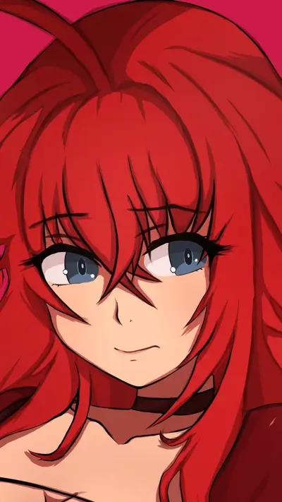 Anime woman with vibrant red hair, captivating blue eyes