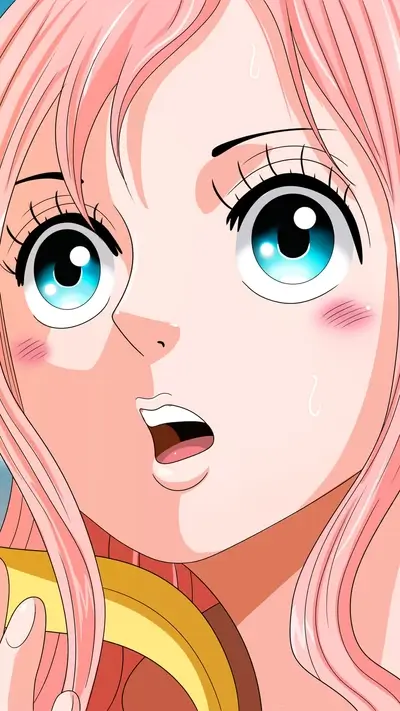 Anime woman's close-up with pink hair, surprised expression