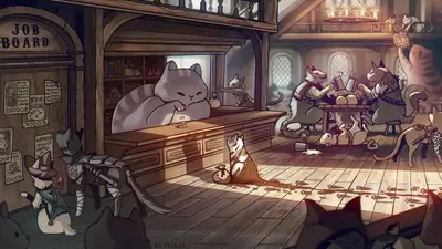 Anthropomorphic cats in a tavern, fantasy adventure
