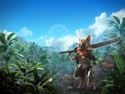 Anthropomorphic fox warrior in a lush jungle