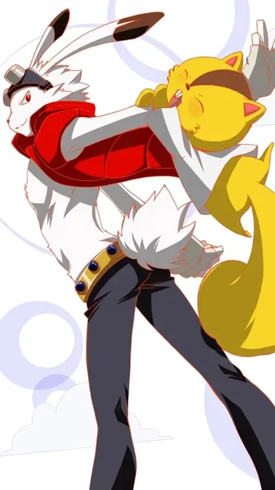 Anthropomorphic rabbit and yellow cat illustration