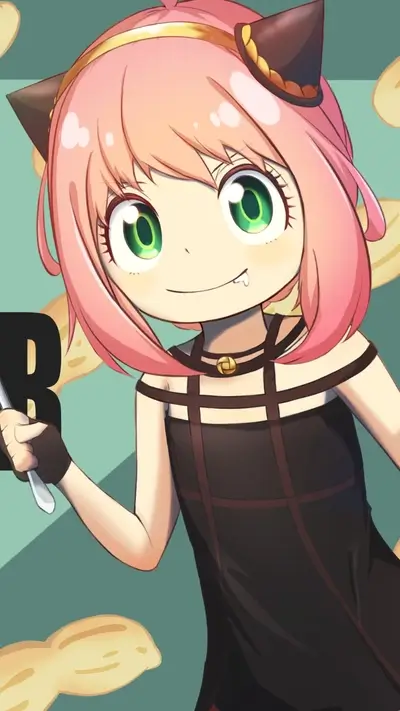 Anya Forger with a cute fang and black outfit, she seems happy